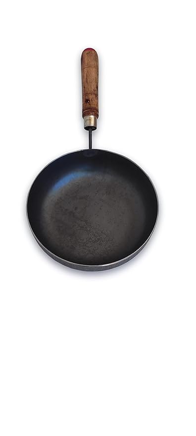 MYNAKSHA Iron Fry Pan/Dosa Kallu Cookware/Large Size Dosa Iron Tawa/Loha Lokhand with Wooden Handle 10 inch Black Export Quality
