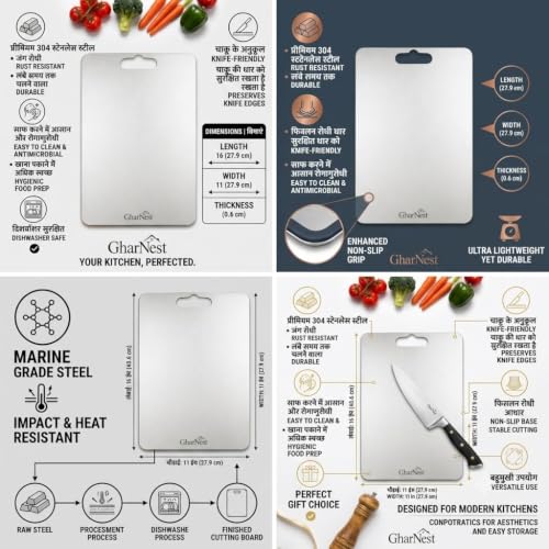 Image of GharNestStainless Steel Cutting Board with Handle, 32 x 21.5 cm, Scratch Resistant, Anti-Slip, Hygienic for Vegetables, Fruits & Meat (Medium)