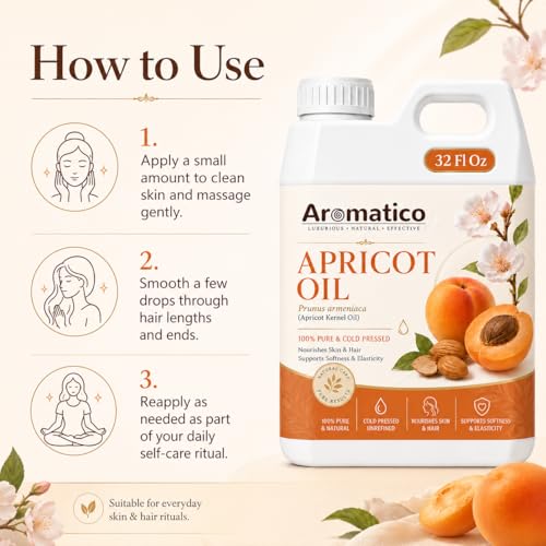 Image of AROMATICO Apricot Oil for Skin, Hair & Body | Professional Grade Refill Pack - 1000ml (1L Bulk)