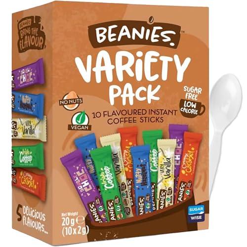 Beanies Coffee Sachets Variety Box Instant Flavoured Coffee 10 Different Flavours Low Calorie - Nutty Hazelnut Irish Coffee Creamy Caramel Very Vanilla Double Chocolate Beanies Instant Coffee