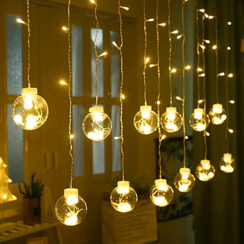 Image of 12 Ball Wish Ball Curtain LED Diwali Lights 3 Meter String Lights Window Curtain Led Lights for Decoration with 8 Flashing Mode for Festival Home (6+6 Light, Warm White)