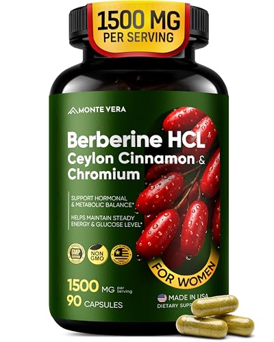 MONTE VERA Berberine Supplement HCL 1500mg Berberine Capsules with Ceylon Cinnamon & Chromium Highly Absorbable Formula for Supports Hormonal Metabolic Health Steady Energy Non-GMO (90 Capsules)