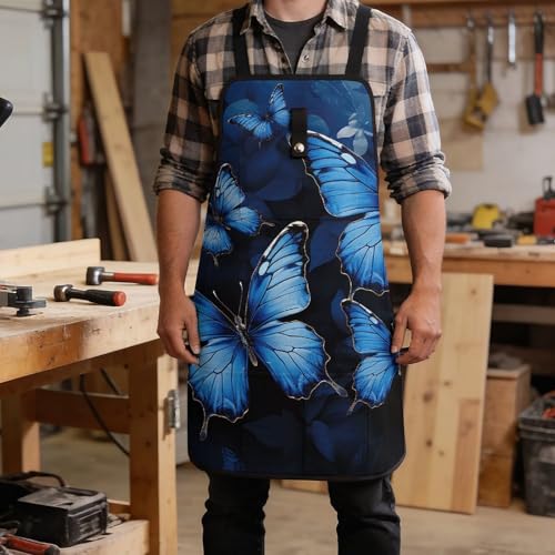 Delantal de trabajo azul oscuro con mariposas miniatura 5