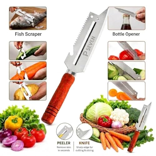 Image of Stainless Steel Vegetable Peeler with Wooden Handle - Sharp Fruit & Vegetable Peeler with Bottle Opener