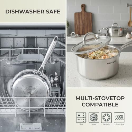 Image of Sunhouse: Stainless Steel Tri-Ply Saucepan - 2 Quart - Tempered Glass Lid, Whole Clad Premium 18 /8, Uncoated Pot, All Cooktops, Oven-Dishwasher Safe