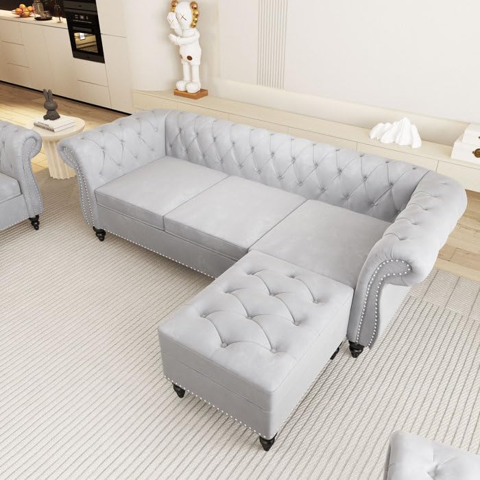 Image of Chesterfield Velvet 3 Seater Round Arm Sofa + Ottoman Modern Sofa for Your Loving Space, Bedroom, Living Room, Offices (Grey)