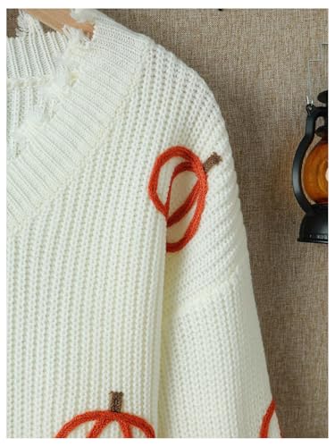 SHENHE Girl's Distressed Sweater Pumpkin Embroiderd Long Sleeve Cute Knit Sweater Crop Top4