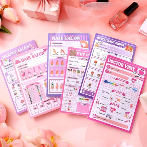 Image of Eaasty 6 Pack Kids Pretend Play Notepads 4x6 Inch,Girls | 6 Career Themes Dental Police Vet Makeup Restaurant, 40 Pages per Notepad for Toddlers Imaginative Activity and Learning