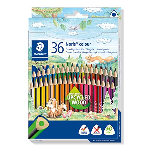 STAEDTLER Buntstifte Noris colour, ergonomisches Dreikantformat, rutschfeste Soft-Oberfläche, hohe Bruchfestigkeit, Made form Upcycled Wood, 36 Farbstifte im Kartonetui, 187 CD36