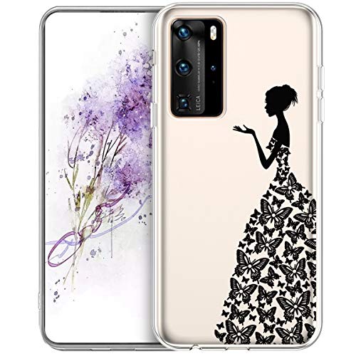 JAWSEU Coque Huawei P40 Pro,Série de Motif Colorés Etui Transparent Silicone TPU Housse de Protection[Antichoc][Ultra-Mince]Souple Crystal Clair Bumper Case pour Huawei P40 Pro(Jupe papillon) Cover