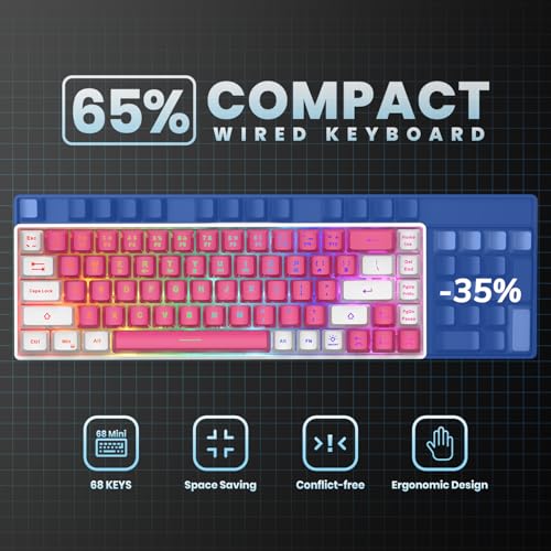 Image of GEODMAER 65% Gaming Keyboard, LED Backlit Mini Wired Keyboard, Ultra-Compact Anti-Ghosting No-Conflict 68 Keys Membrane Gaming Wired Keyboard for PC Laptop Windows Gamer(Pink-White)