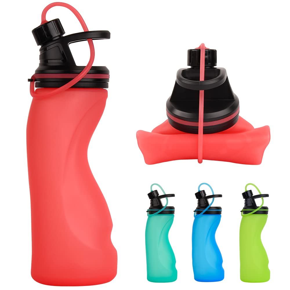 Collapsible Water Bottle BPA Free - Foldable Water Bottle for Travel Sports Bottles with Triple Leak Proof Lightweight 17oz (Upgraded Fire Red)