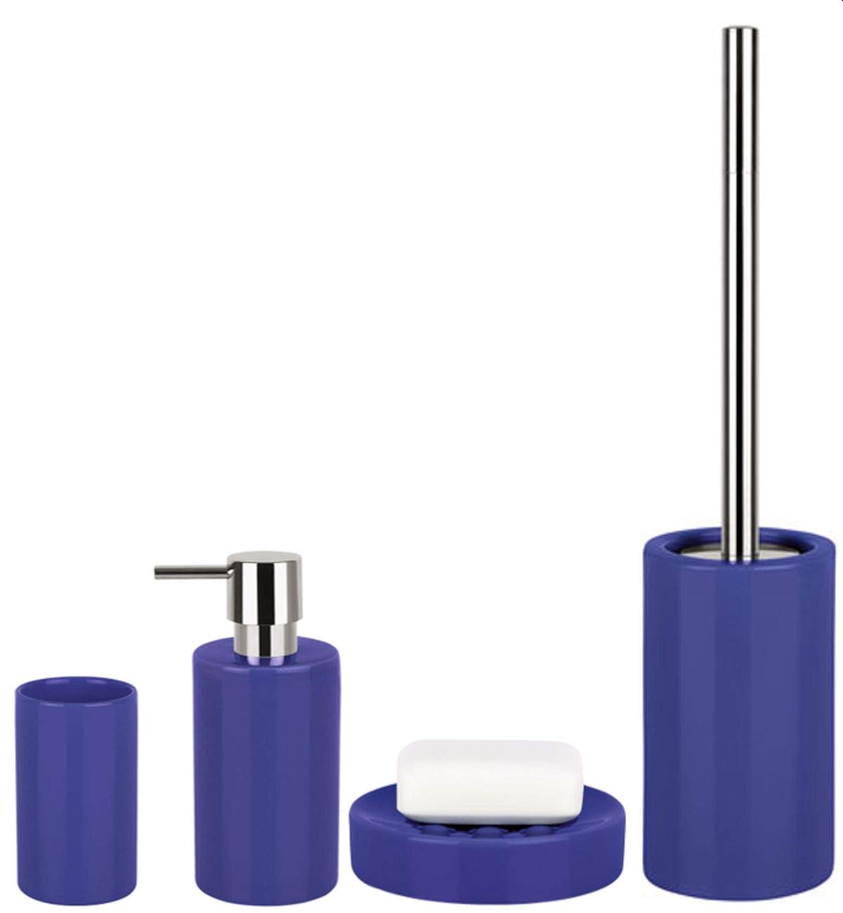 Spirella Badezimmer Set, 4-teiliges Badzubehör aus Porzellan Tube Seifenspender, Seifenschale, WC Bürste und Zahnputzbecher Blau