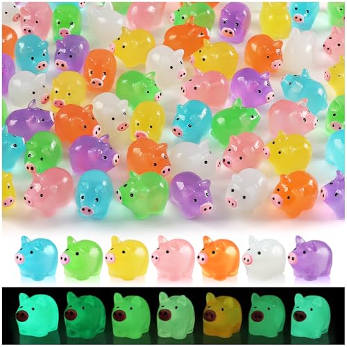 VICROIC 48 PCS Luminous Mini Resin Pigs Miniature Piggy Figurines Tiny Pigs Glow in The Dark for Dollhouse Aquarium Cake Decorations Fairy Garden Landscape Birthday Party Decor (7 Colors)