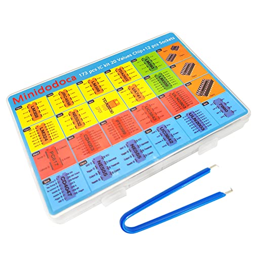 ic chips kit minidodoca 173 pcs 20 values chip assortment set12 pcs socketsintegrated circuits op amp kit 555 timer ic included ne555lm358 lm324 lm393 lm339 ne5532 lm386ua741ic plier etc