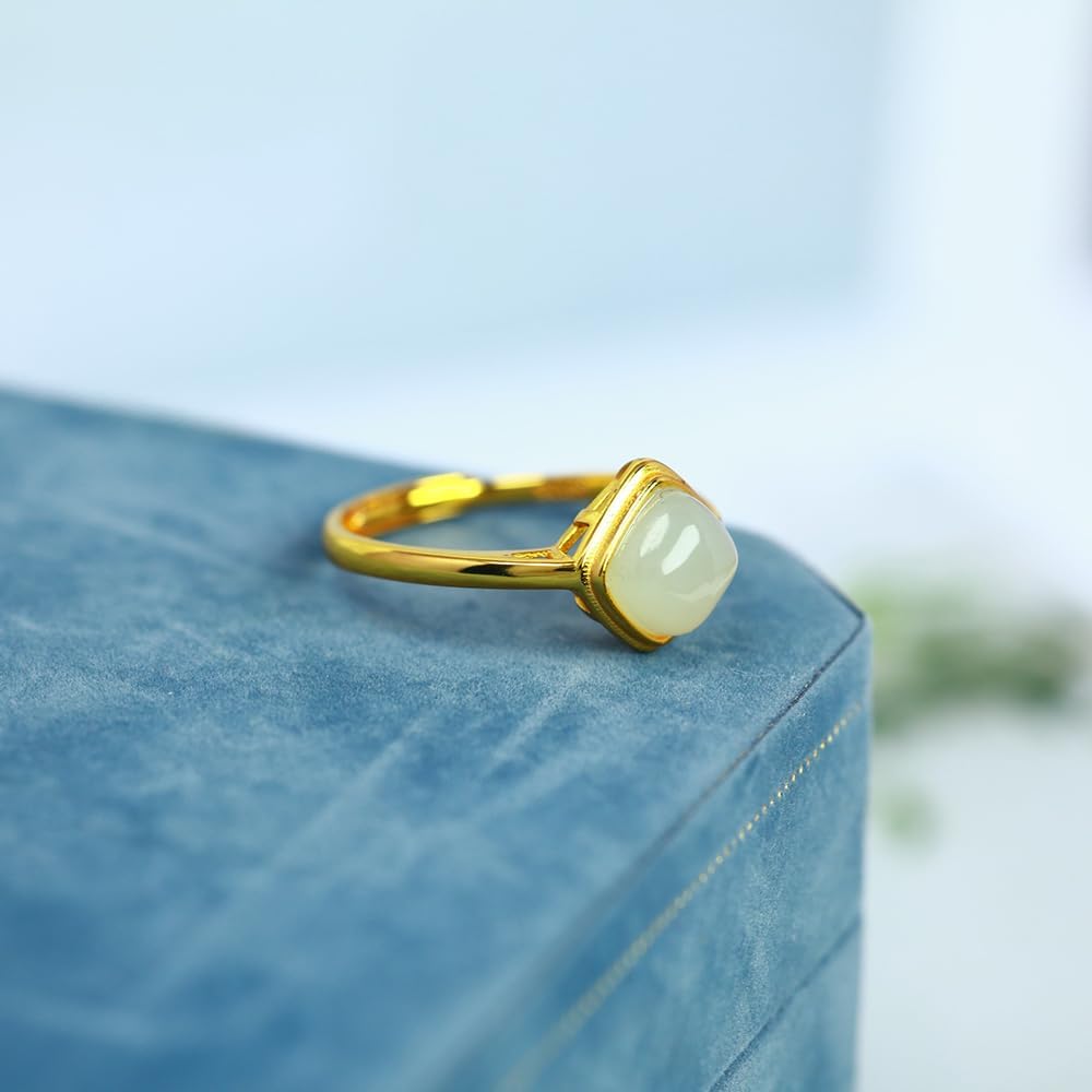 S925 Silver-Inlaid Natural Cyan White Jade Square Ring Opening Adjustable Including Certificate