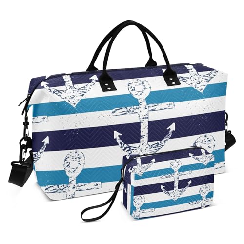 Juego de 2 bolsas de viaje y cosméticos para mujer, diseño floral, para llevar durante la noche, náutico, color azul marino, con diseño de anclas azules a rayas