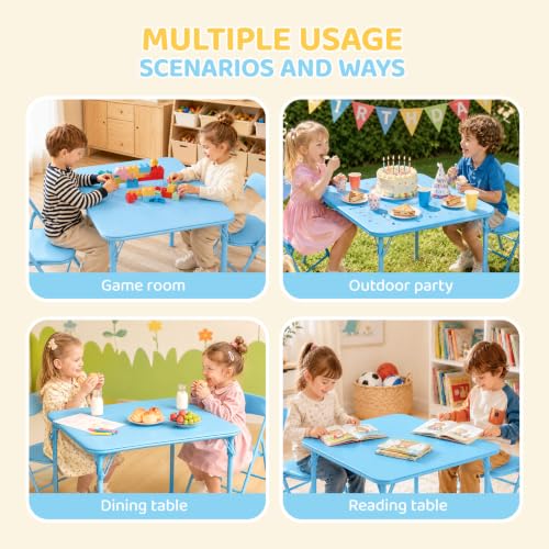 Image of JOYMOR Kids Folding Table and Chairs Set, 3-Piece Metal Frame Activity Set with Easy-Fold Design for Playroom & Classroom, Blue