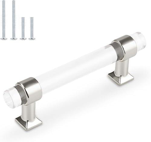 Orger - Paquete de 20 manijas de gabinete modernas de acrílico transparente con acabado cromado plateado, pomos y tiradores de gabinete de 3.5