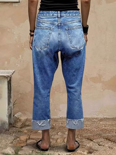 Flamingals Straight Leg Jeans for Women Wrap Mid Rise Cuffed Casual Wash Roll Raw Hem Cropped Denim Pants3