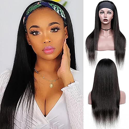 Headband Wigs Human Hair Straight for Women, Black Headband Wig Straight Human Hair None Lace, Glueless, 150% Density, Full Machine Made, 100% Brazilian Virgin Hair, Ice silk Headband Attached, 18"