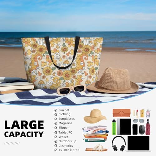 Retro 70s 60s Flower Large Beach Bag Waterproof Sandproof Swim Tote Pool Bag For Women With Zipper4