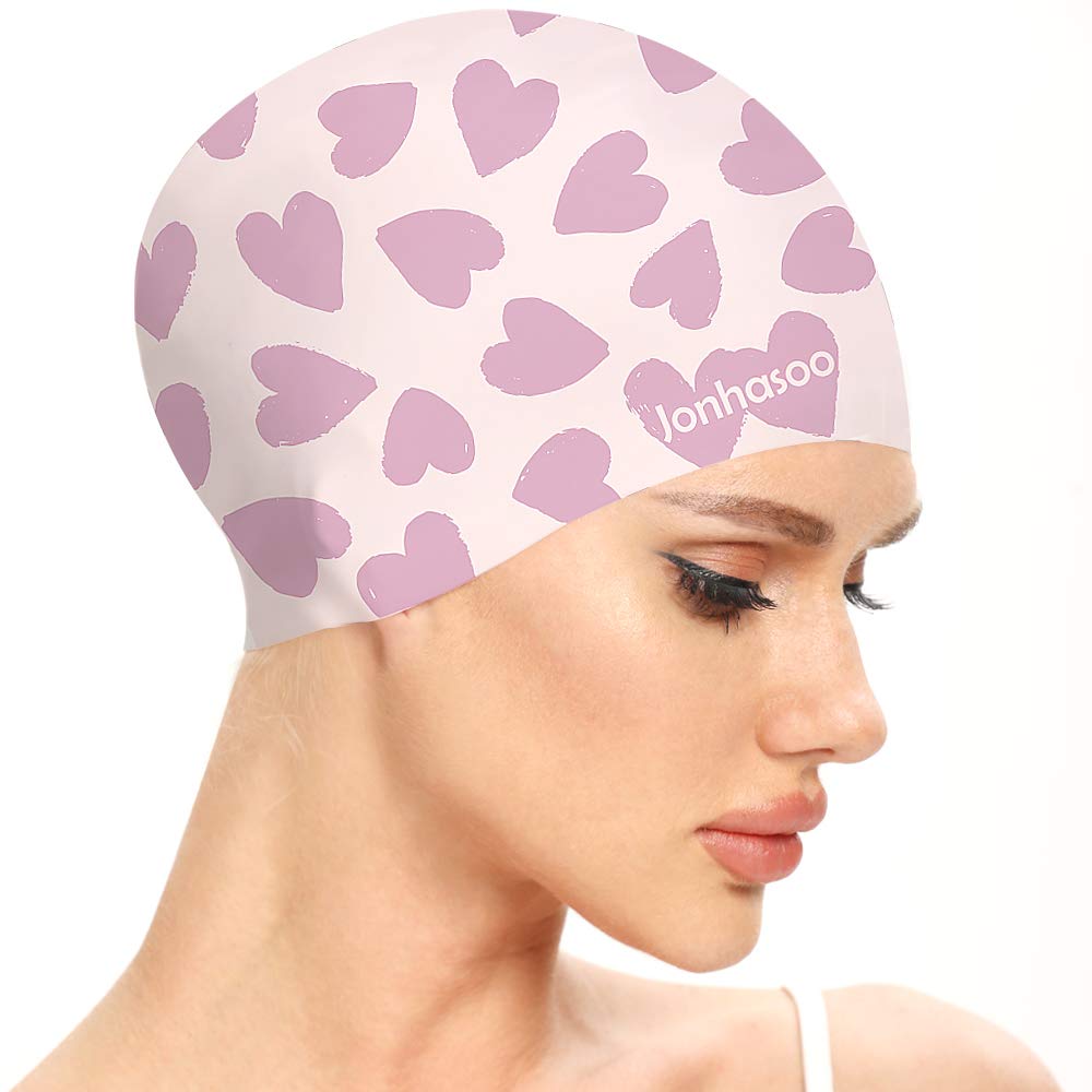 Jonhasoo Silicone Swim Cap for Women, Waterproof Long Hair Swimming Caps with Flower Printed