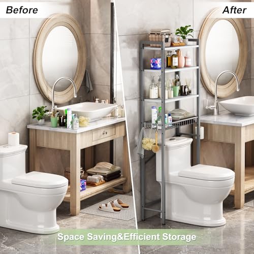 Image of Kalrin Over-The-Toilet Storage Rack, 4-Tier Bathroom Organizer Shelf Over Toilet with Adjustable Shelf and Basket, Freestanding Space Saver Bathroom Shelves Above Toilet for Room (Gray- White)
