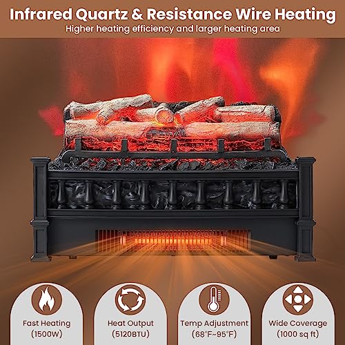 Image of Tangkula 20 inch Electric Fireplace Log Set Heater with Adjustable Temp, Overheating Protection, Realistic Birch Wood Ember Bed, Infrared Quartz Electric Fireplace Insert for Home & Office Decor, 1500W