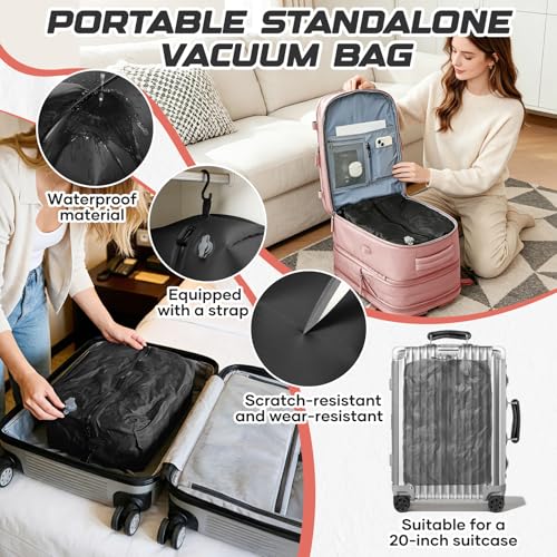 Image of Travel Backpack with Compression Vacuum Storage Bag & Electric Pump, Expandable Flight Approved Carry On Backpack, 18x14x8 inches Personal Item Travel Bag for Men Women, Pink