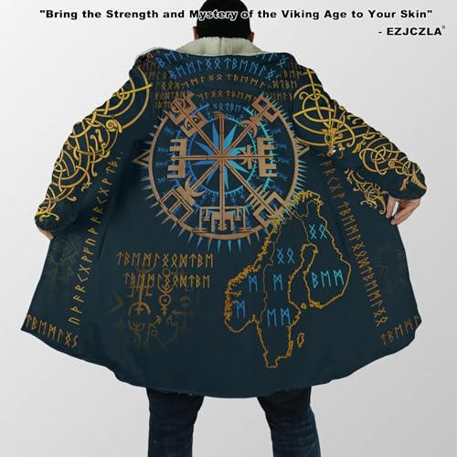 Viking 3D Print Long Jackets for Women Casual Oversized Viking Valaknut Hooded Coat Faux Cashmere Cloak Cape, Peacoat2