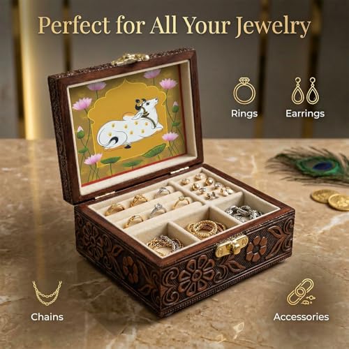 Image of Kamdhenu Wooden Jewellery Box | Handcrafted Decorative Storage Organizer | Traditional, Multipurpose Keepsake Box for Rings, Earrings & Small Accessories | Golden, Pack of 3