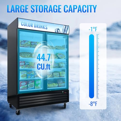 Image of mikibama Glass Door Merchandiser Freezer, 44.7 Cu.ft Swing Door Commercial Reach-In Display Refrigerator with LED Top Panel Upright Freeze Storage, Double Cabinet, Black