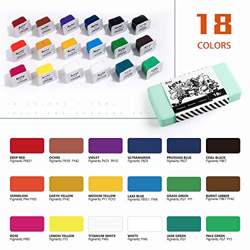 Arrtx Gouache Paint Set, 18 Colors x 30ml Unique Jelly Cup Design, Portable Case with Palette for Artists, Students, Gouache Opaque Watercolor Painting (Mint Green) - Thumbnail 3