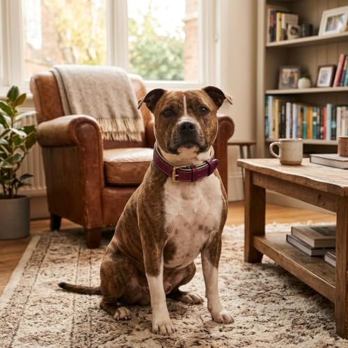 Image of Genuine Leather Dog Collar, Dark Pink, Medium, Brass Buckle, Padded | 1 Inch Wide, Fit Neck Size - 14.5 inch - 18.5 inch, Double D Ring, Adjustable, Thick Leather, Heavy Duty, Soft Leather padding