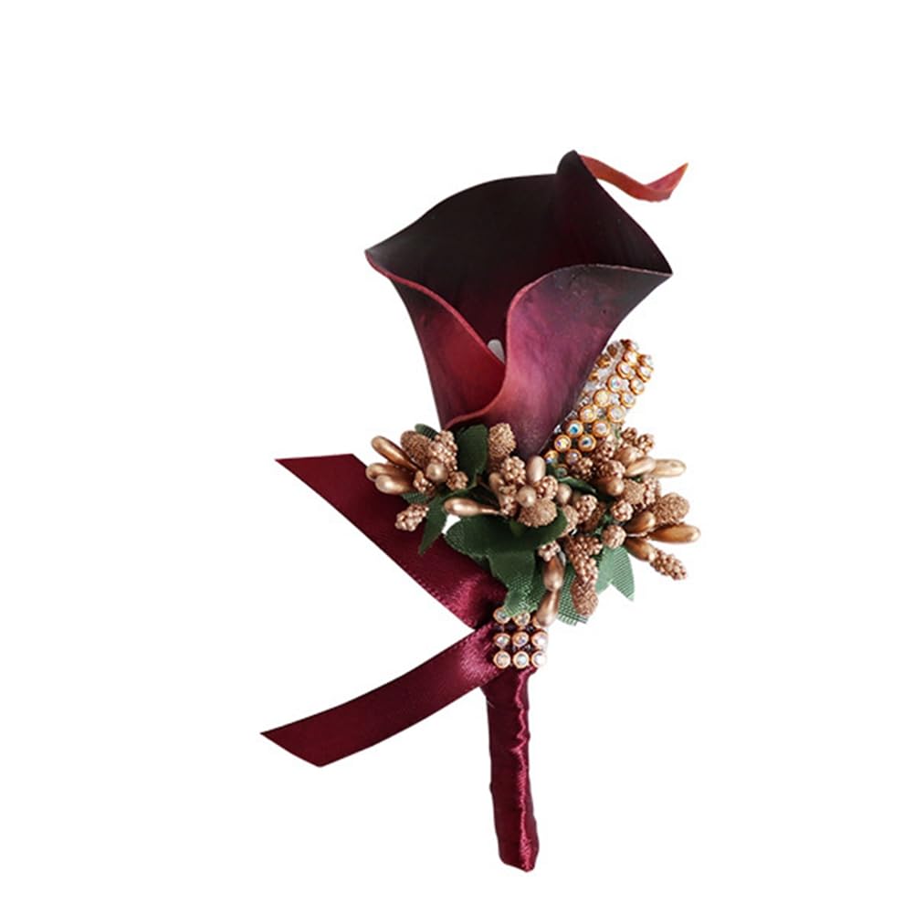 Wisafory 1 pieza boda Boutonniere Calla Lily Solapa con imperdible flores artificiales broche hecho a mano corsé ojal flor flor broche boda para novio novia rojo vino