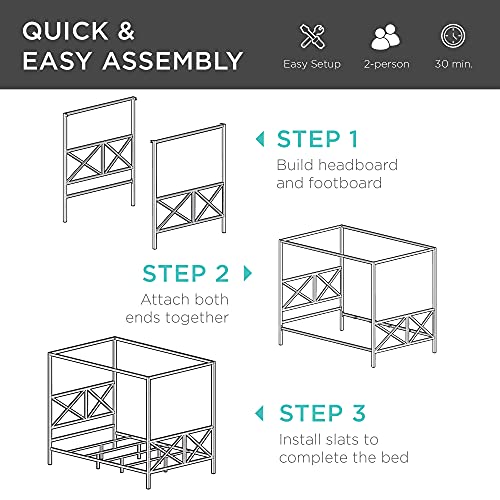 Best Choice Products 4-Post Queen Size Modern Metal Canopy Bed W/Mattress Support, Built-In Headboard, Footboard, Classic, Customizable Design - White #TOP4