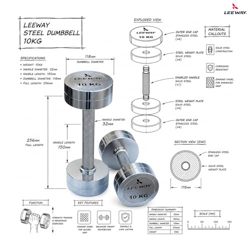 Image of Leeway Steel Dumbbell Set 10 Kg x 2 | Chrome Dumbbells for Home Gym | Rust-Resistant Non-Slip Grip | Strength Training Metal Dumbbell Set | Iron Dumbell | Round Dumble | (10kg X 2 = 20kg Chrome)