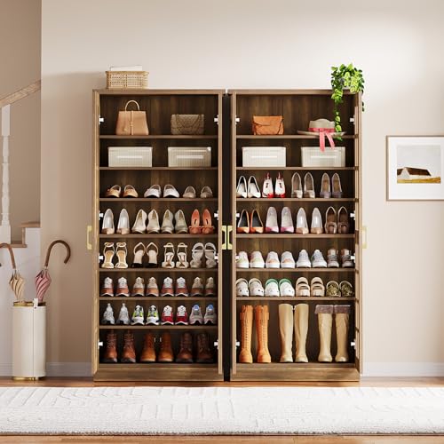 Image of Tribesigns Tall Shoe Cabinet with Doors, 8-Tier Shoe Storage with Adjustable Shelves, Modern Shoe Organizer Shoe Rack Cabinet for Entryway, Hallway, Closet, Living Room, Rustic Brown