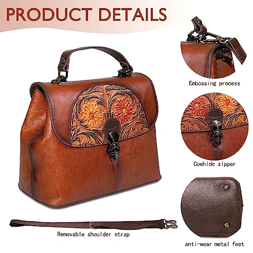 Image of Genuine Leather Satchel for Women Top Handle Bags Handmade Purse Vintage Embossed Leather Crossbody Handbags Hobo Bag