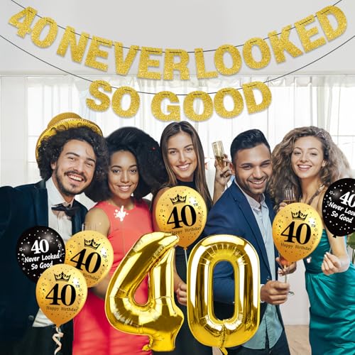 Image of 40th Birthday Decorations for Men Women, Black Gold 40 Never Looked So Good Banner 40 Foil Balloons Happy 40th Birthday Party Supplies 9 PCS
