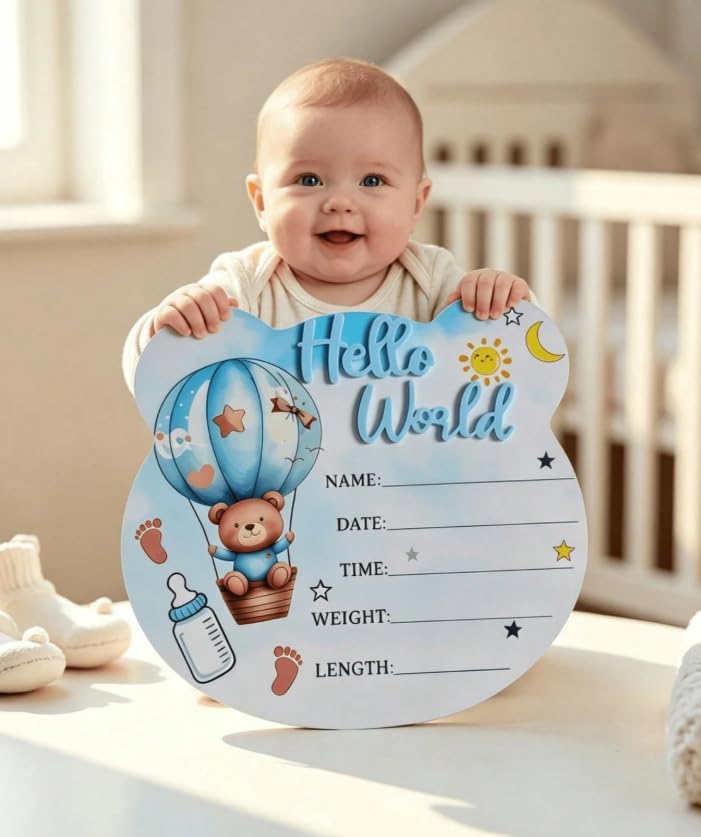 Hello World Birth Announcement Wooden Baby Photo Prop Disc, Bear Hot Air Balloon Theme, 15cm, for Boys and Girls