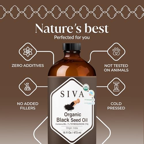 Image of Siva Black Seed Organic Oil 16oz (473ml) Premium Cold-Pressed Organic Carrier Oil for Face, Skin Care, Body Massage, Hair Care, Hair Oiling & Scalp Massage