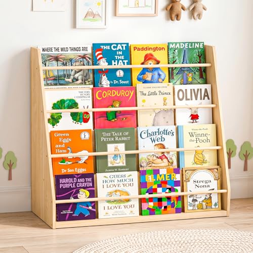 Image of XiaZ Scalloped Kids Bookshelf, 4-Tier Wooden Montessori Display for Toddler | Solid Pine Wood, Stable Trapezoid Base, Rounded Corners, Front Display, Compact, Holds 60-80 Books, Easy 20-min Assembly