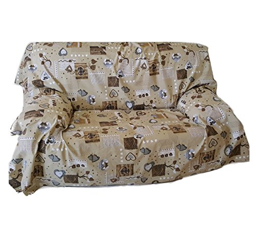 Manta decorativa para sofá de color marrón con dibujo de corazones, 270 x 280 cm, de algodón, granfoulard, 100% fabricada en Italia, producción propia de Euronovità