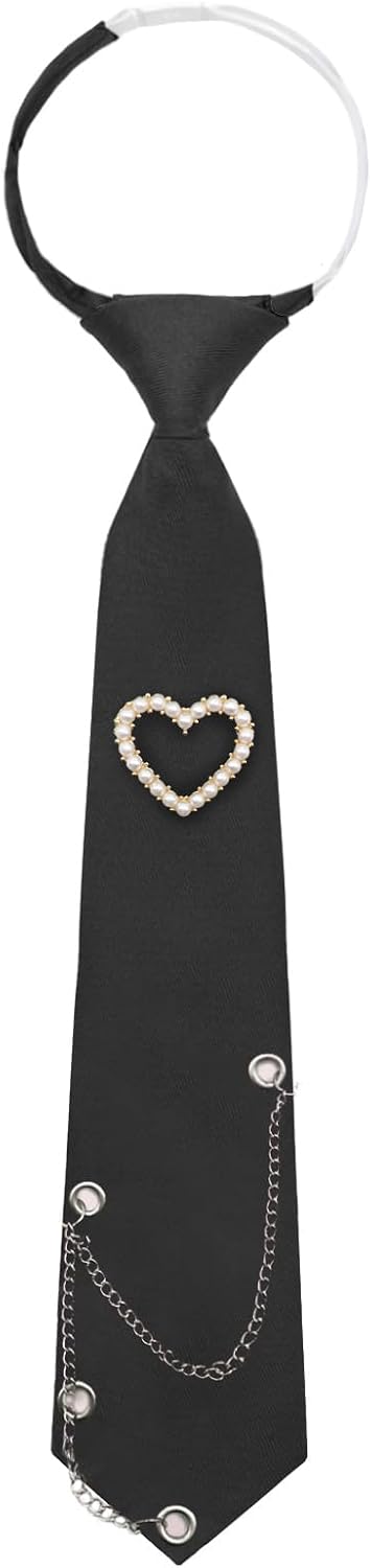 Womens Tie, Pre-tied Neck Ties with Artificial Pearls Accessory | Punk Metal Chain, Women, Necktie, Adjustable, Pre-tied, Polyester, Womens Tie for Office, Daily Use, Weddings, Parties