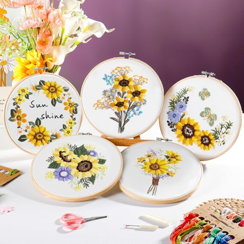 Image of 5 Pack embroidery kit for beginners Adults DIY Starter Kit,Sunflower Gifts for Women Cross Stitch Kits with Flower Stamped Patterns, Embroidery Hoop, Tools,Colorful Threads,Hand Craft Lover Gift