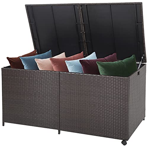 GOPLUS 662 Liter Polyrattan Kissenbox, Auflagenbox mit Gasdruckfedern, Gartenbox mit Griffen und Rollen, Garten Aufbewahrungsbox für Spielzeug, Kissen, 150 x 77 x 73 cm