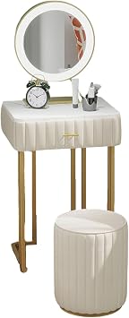 JATIBOSH Vanity Table Set Bedroom Furniture, Dresser Table Dressing Table Bedroom Funiture with Illuminated Mirro, Round Stool and 1 Large Capacity Drawer, 3 Kinds of Light Adjustable for Bedroom