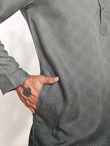Image of Vardha Men's Cotton Shaded Printed Kurta with Moroccan Pattern and Stitched Design and Mandarin Collar Style | Kurta for Men